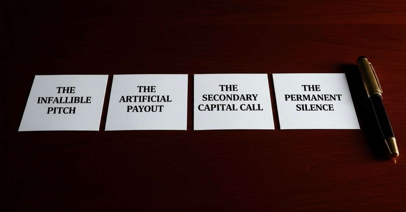 Investment Scammer Clues: A 4-stage timeline on a mahogany desk illustrating the lifecycle of an oil and gas scam: The Infallible Pitch, The Artificial Payout, The Secondary Capital Call, and The Silent Stall.