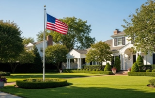 Texas Real Estate Investment Fraud: A beautiful, classic American suburban home with a U.S. flag, symbolizing a safe and inviting real estate investment.