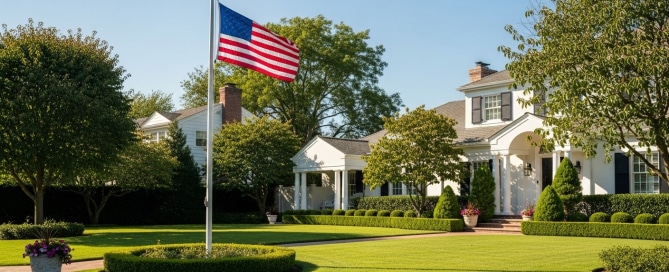 Texas Real Estate Investment Fraud: A beautiful, classic American suburban home with a U.S. flag, symbolizing a safe and inviting real estate investment.