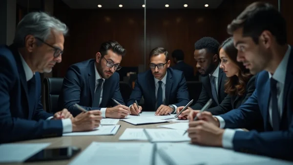 Business meeting with documents and discussion.